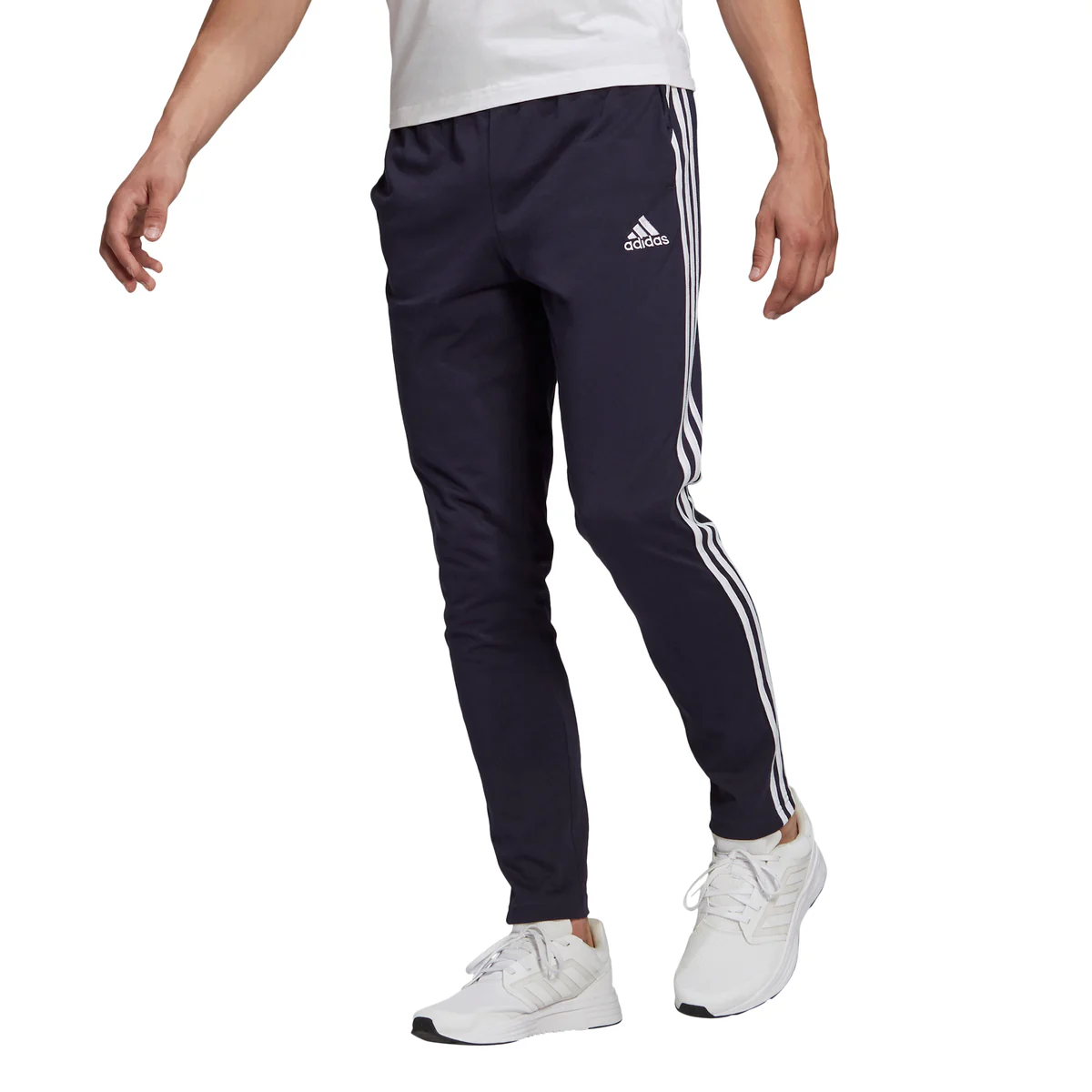 Pantaloni blu adidas Essentials Single Jersey Tapered Open Hem 3-Stripes