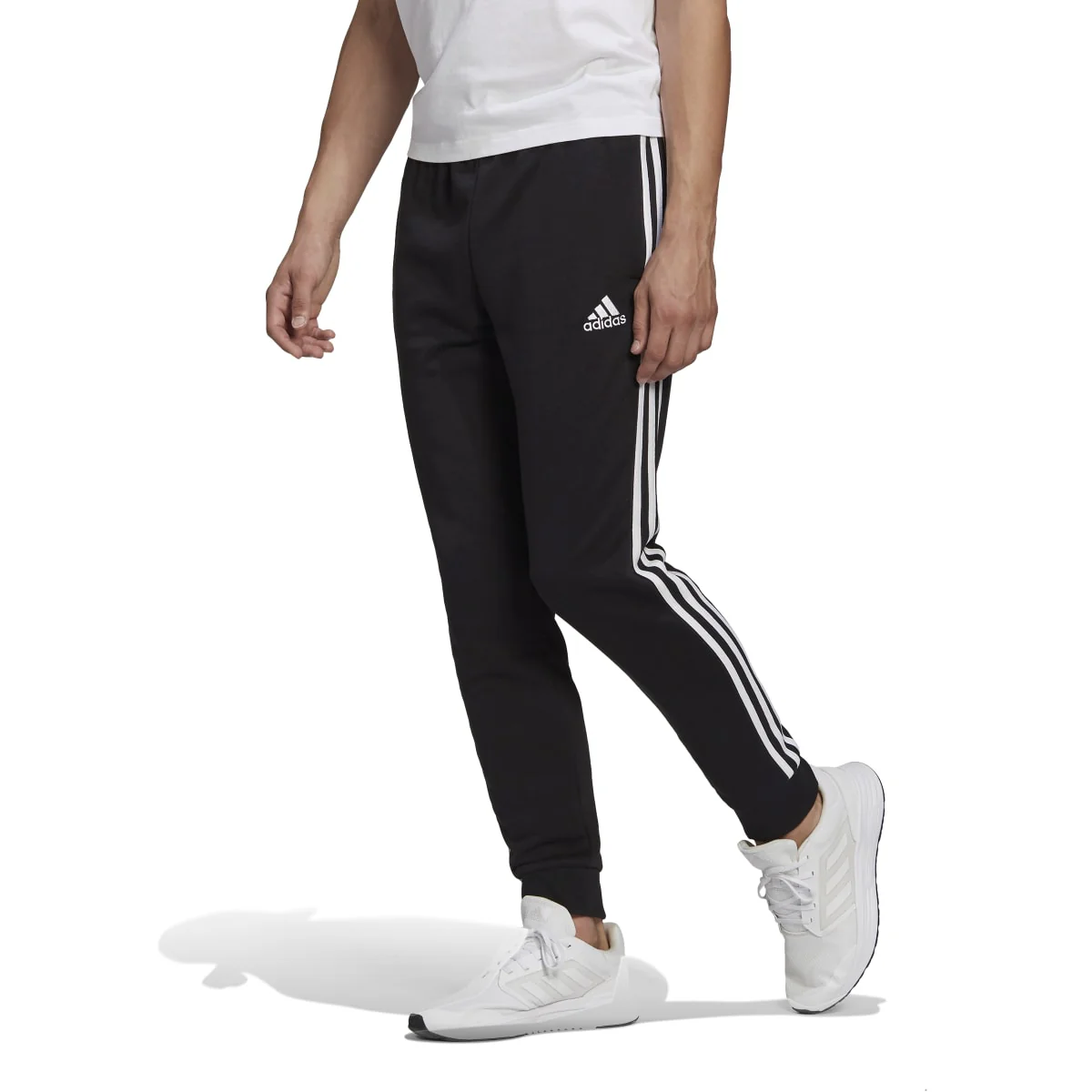 Pantaloni neri da uomo adidas Essentials French Terry Tapered Cuff 3-Stripes