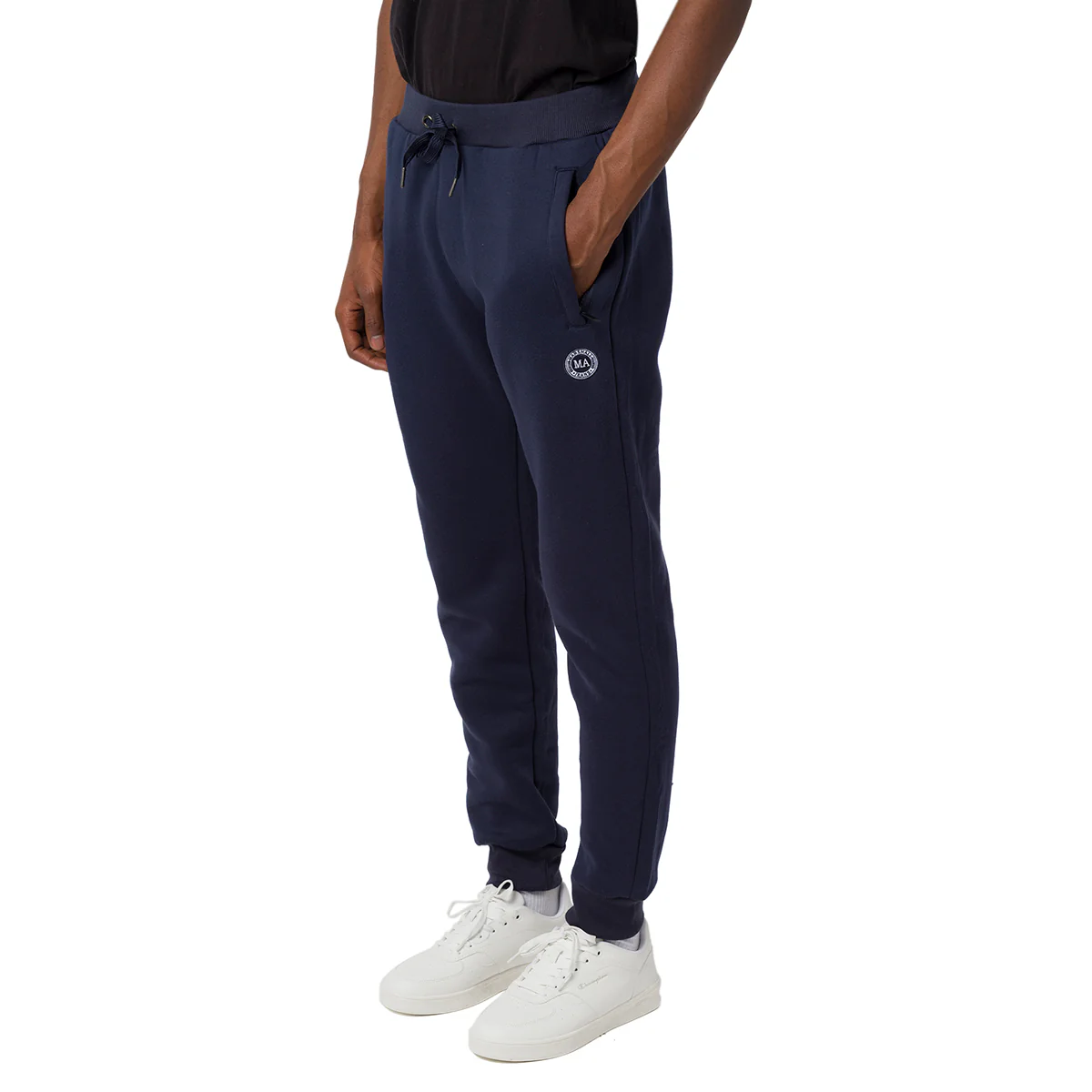 Pantaloni tuta da uomo blu navy con polsini elasticizzati e logo Marshall