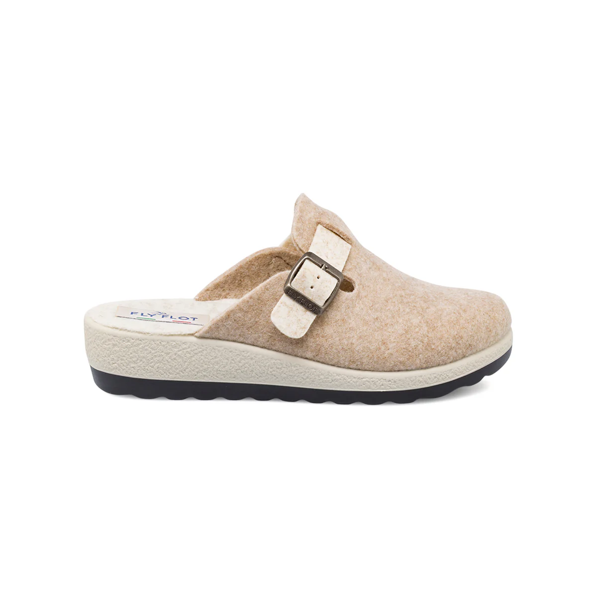 Pantofole da donna beige Fly Flot in tessuto feltro con fibbia