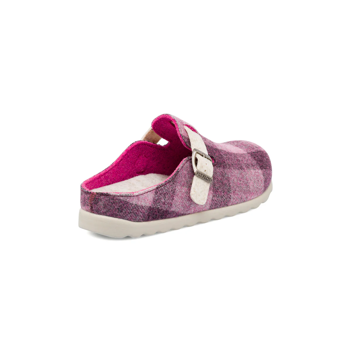 Pantofole da donna Fly Flot viola a quadri in tessuto con fibbia - Image 3