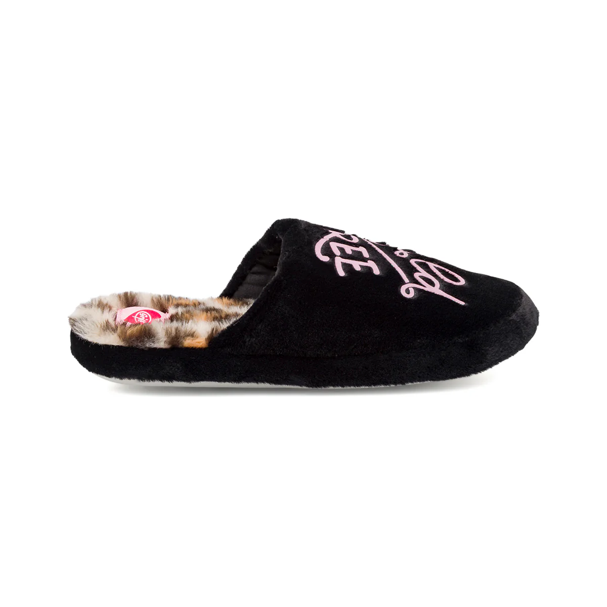 Pantofole da donna nere Griff con scritta glitter e interno leopardato - Image 2