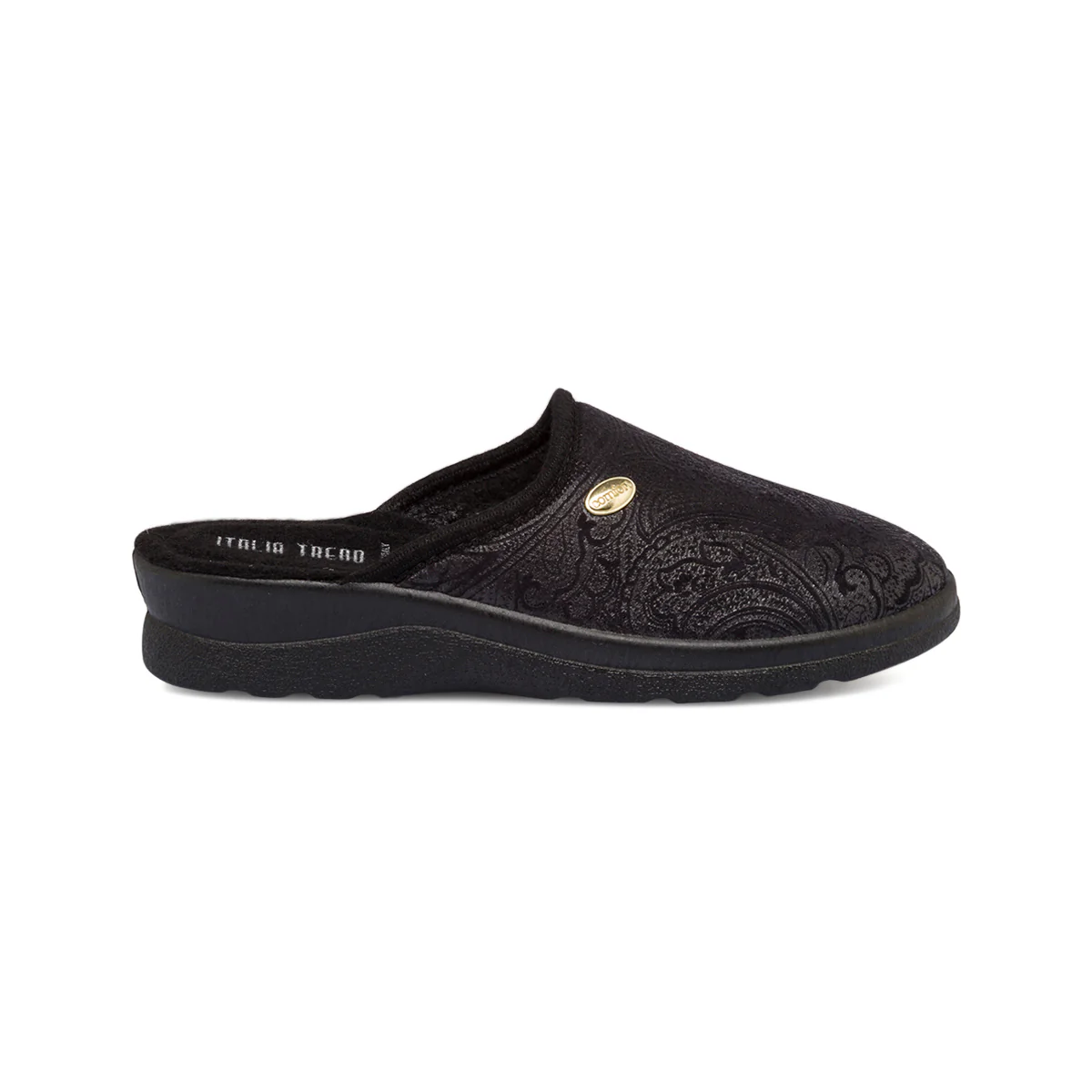 Pantofole nere da donna in tessuto con decorazione floreale sul dorso Italia Trend