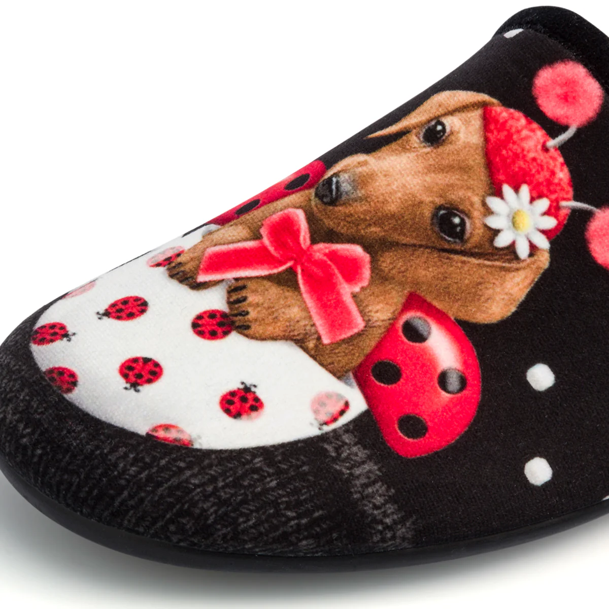 Pantofole nere in tessuto da donna con stampa cagnolino Aday's - Image 5
