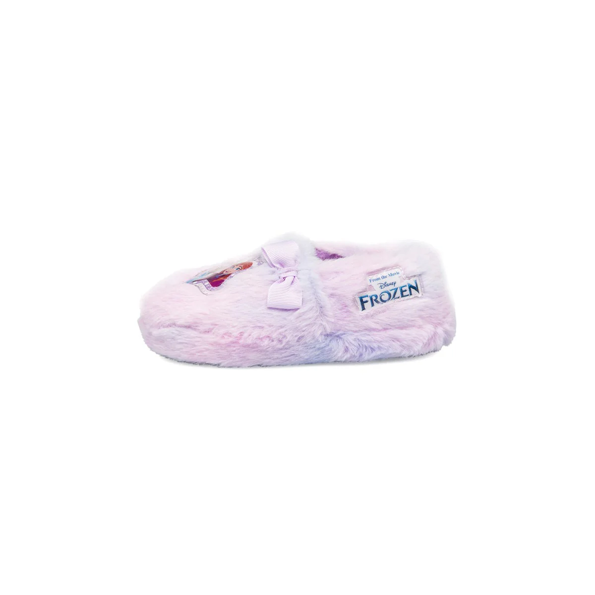 Pantofole peluche lilla da bambina con fiocco e patch Frozen
