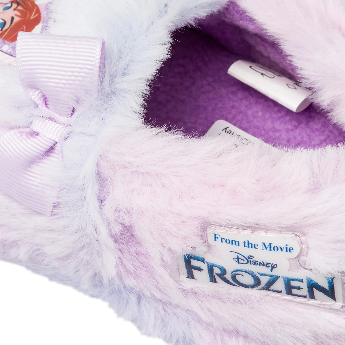 Pantofole peluche lilla da bambina con fiocco e patch Frozen - Image 6