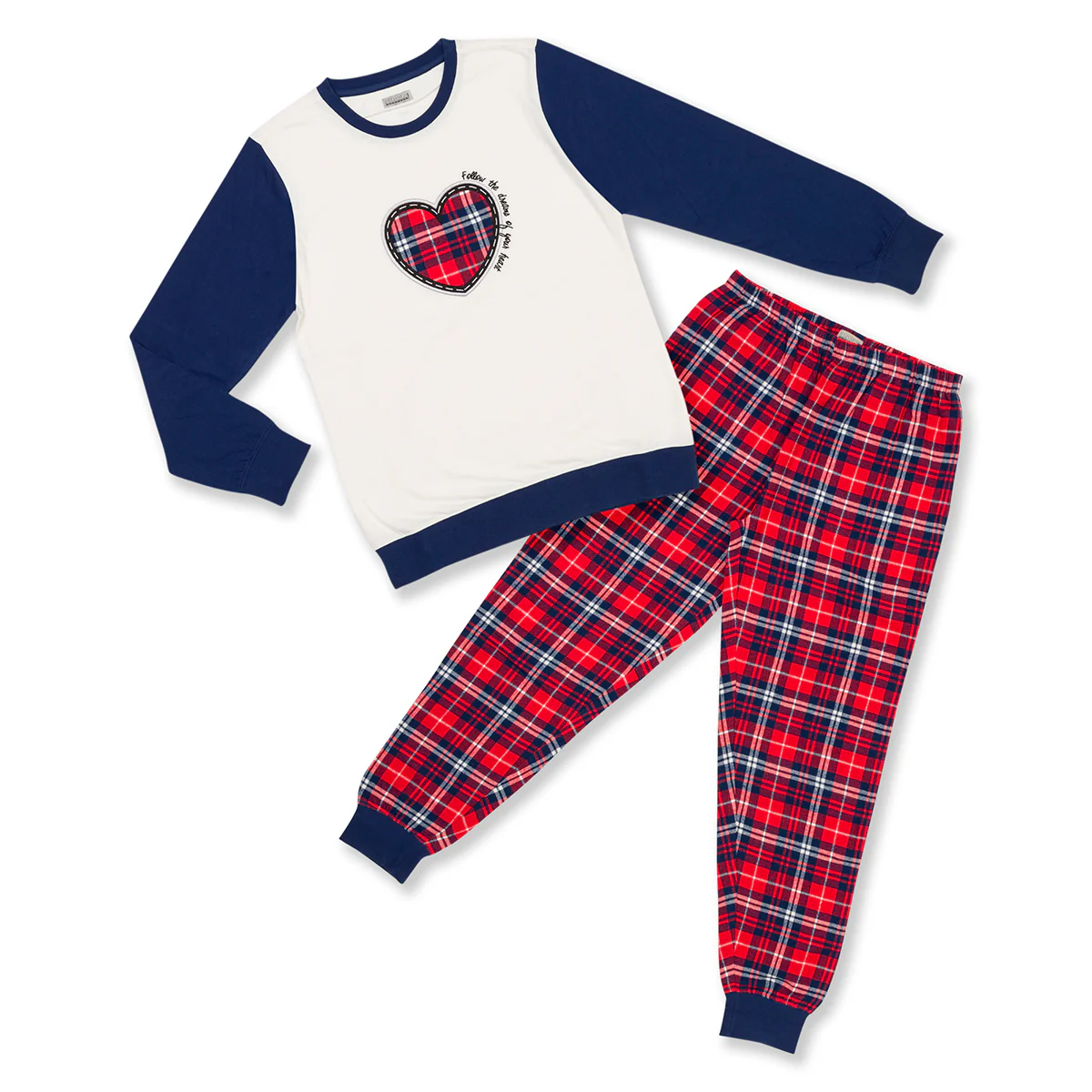 Pigiama natalizio bianco e blu da donna con cuore e pantaloni in stile tartan - Image 6