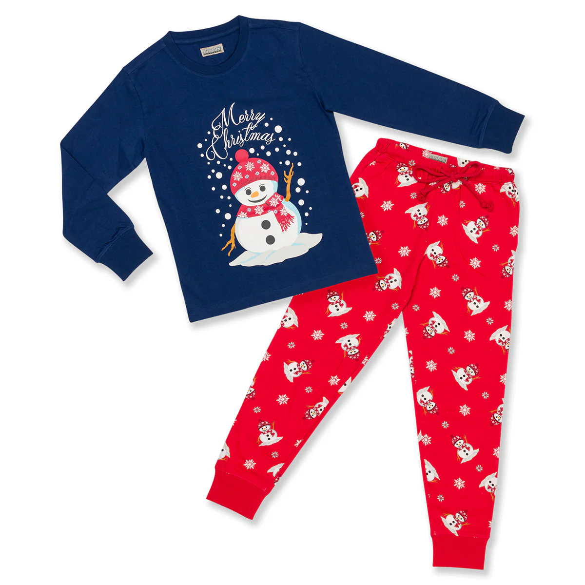 Pigiama natalizio blu da donna con pupazzo di neve e pantaloni rossi - Image 2