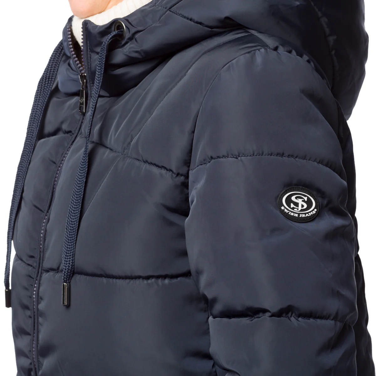 Piumino lungo blu da donna con cappuccio e zip Swish Jeans - Image 3