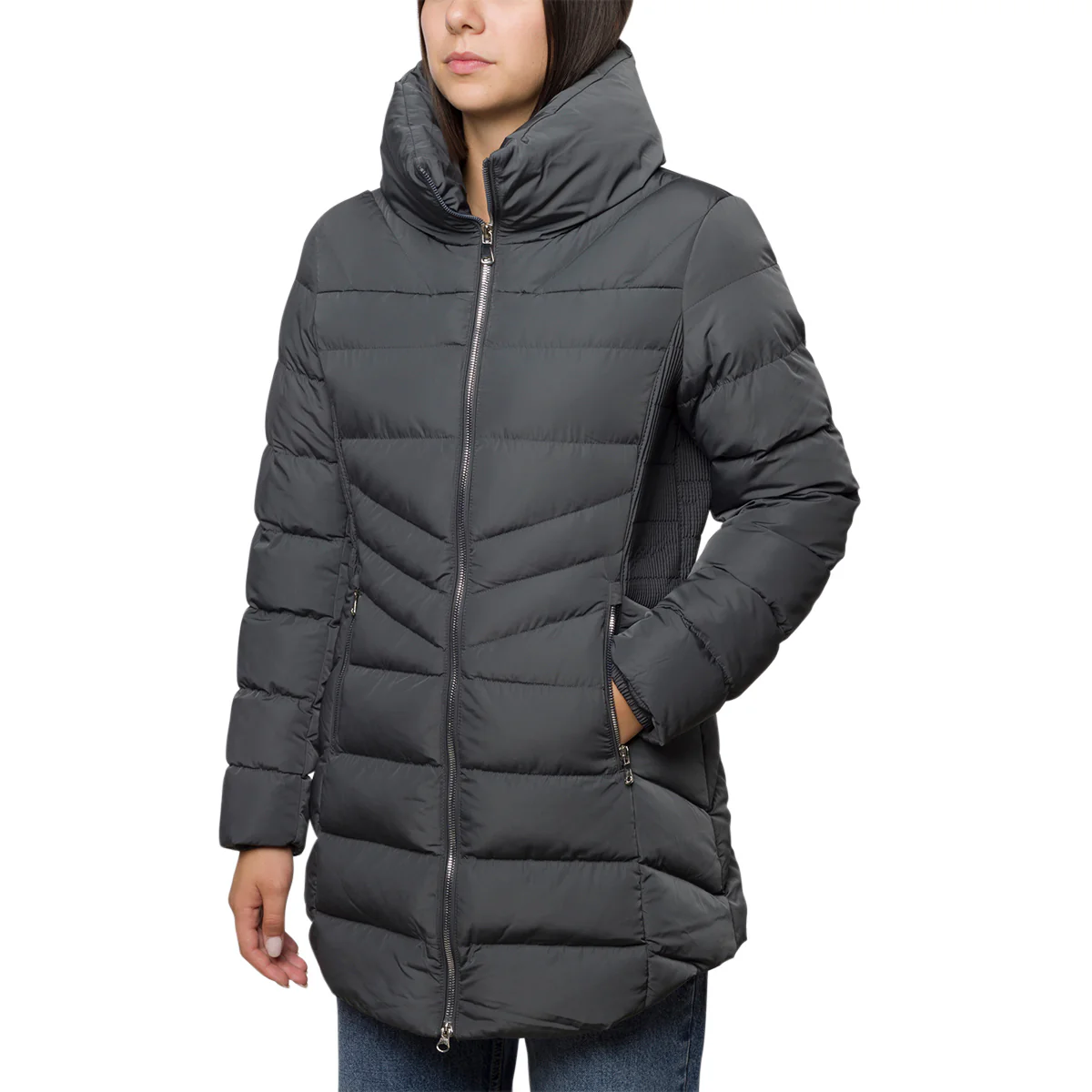 Piumino lungo grigio da donna con zip Lora Ferres