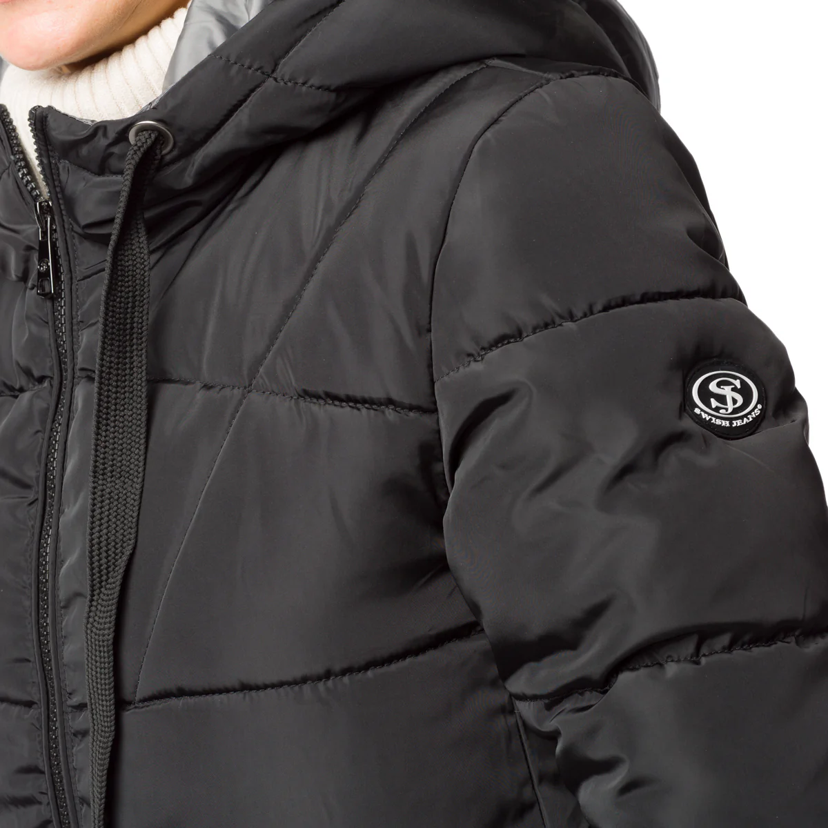Piumino lungo nero da donna con cappuccio e zip Swish Jeans - Image 3