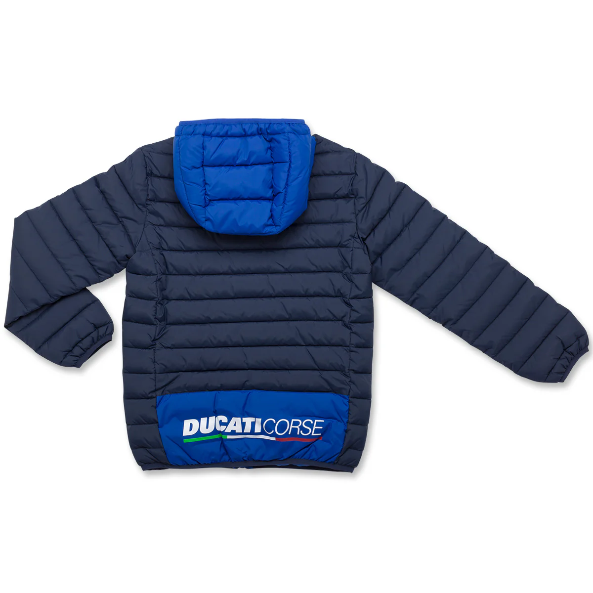 Piumino nero da bambino con cappuccio blu e logo sul petto Ducati Corse - Image 2