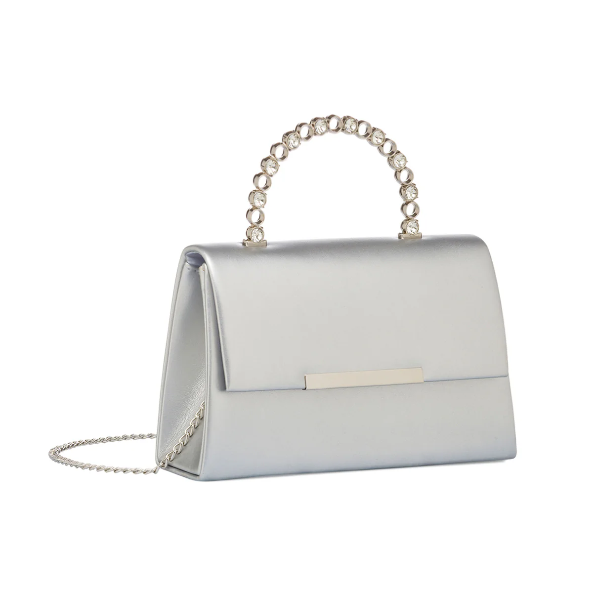 Pochette da donna argento con manico in metallo decorato con strass Lora Ferres