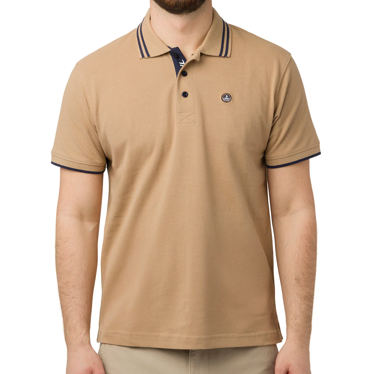 Polo Beige da Uomo in Cotone con Dettagli Bianchi e Logo Ricamato Navy Sail