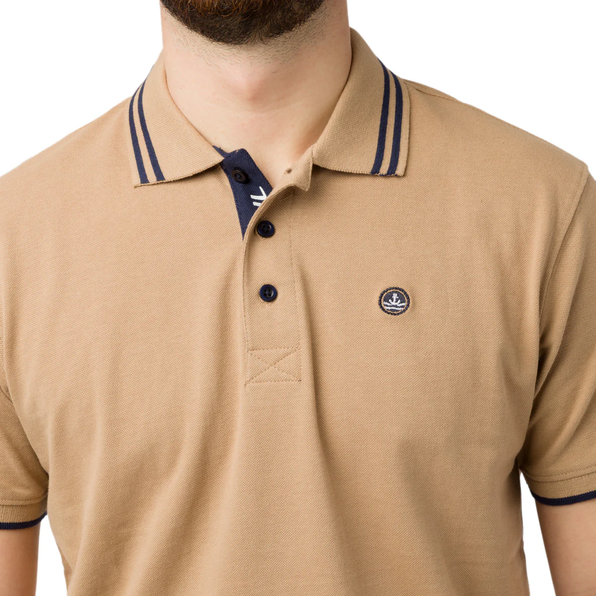 Polo Beige da Uomo in Cotone con Dettagli Bianchi e Logo Ricamato Navy Sail - Image 6