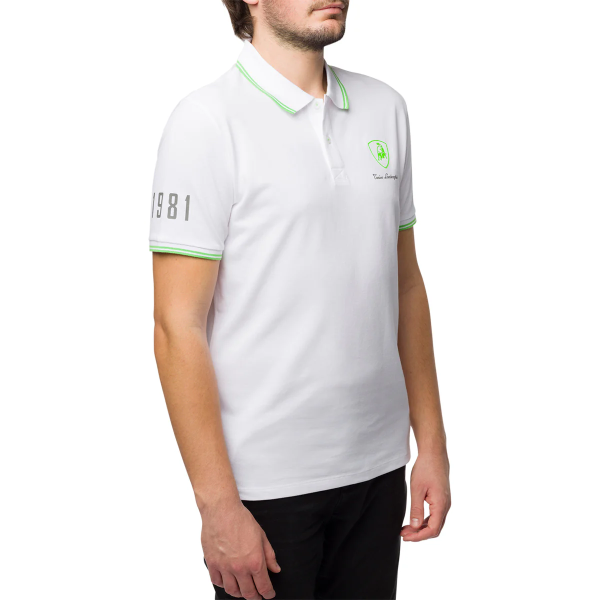 Polo bianca da uomo con dettagli verdi e logo Tonino Lamborghini