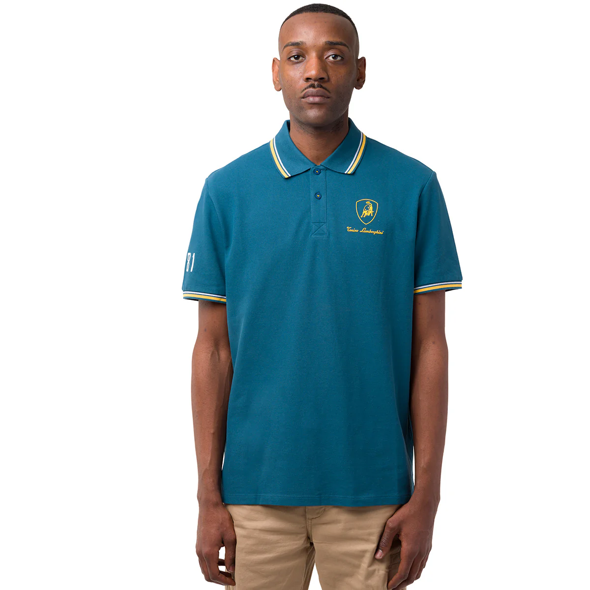 Polo da uomo blu ottanio con dettagli giallo e logo Tonino Lamborghini