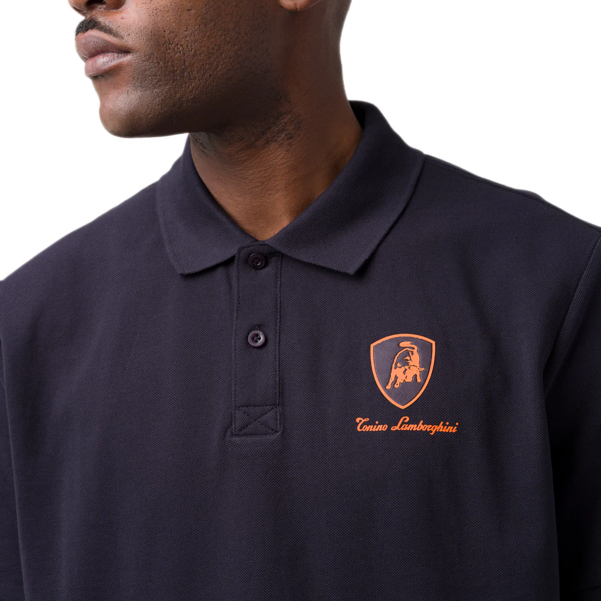 Polo da uomo blu scuro con dettagli arancione e logo Tonino Lamborghini