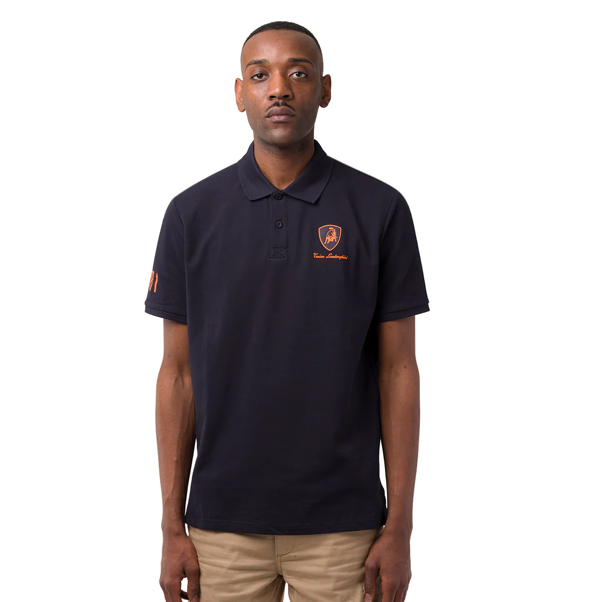 Polo da uomo blu scuro con dettagli arancione e logo Tonino Lamborghini - Image 2