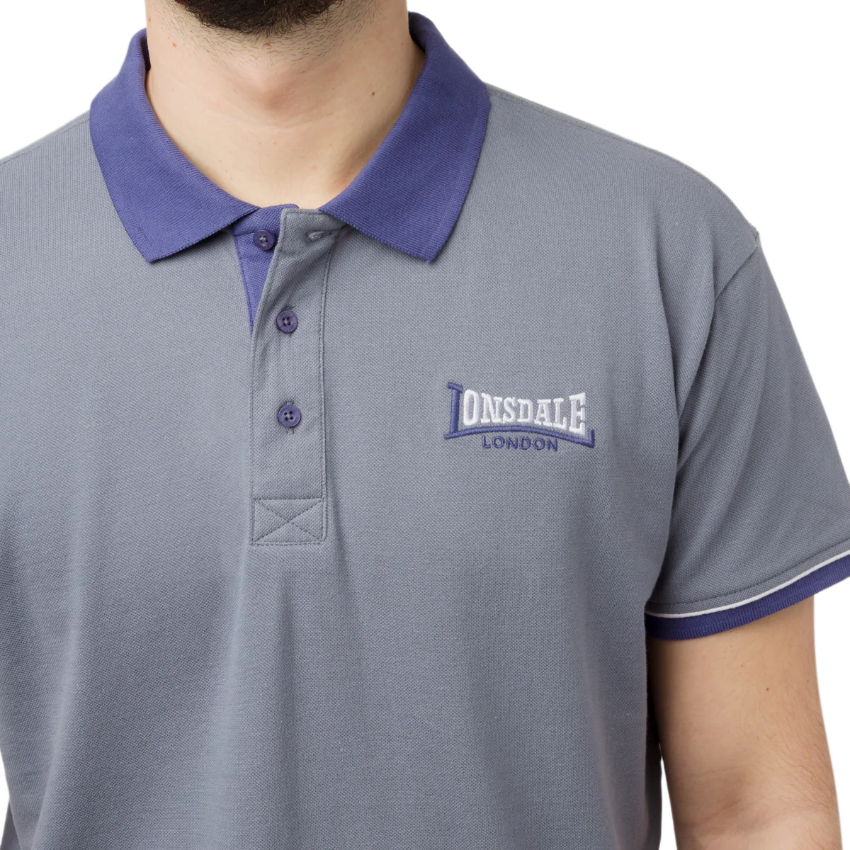 Polo grigia da uomo Lonsdale con inserti blu a contrasto e logo frontale