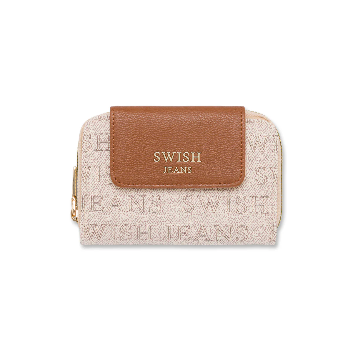 Portafoglio da donna bianco beige con stampa logo e dettaglio marrone Swish Jeans