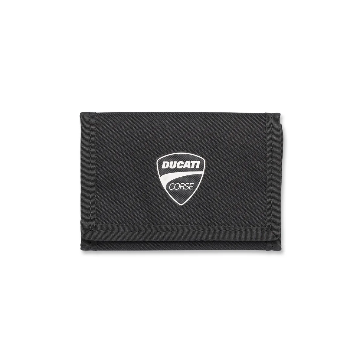 Portafoglio in tessuto nero con chiusura a strappo e logo Ducati Corse