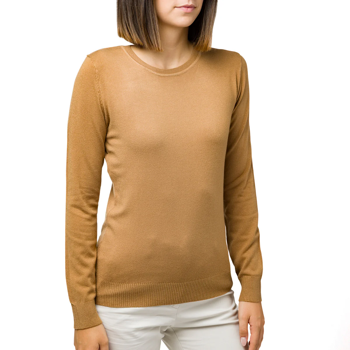Pullover da donna a girocollo marrone cammello Swish Jeans