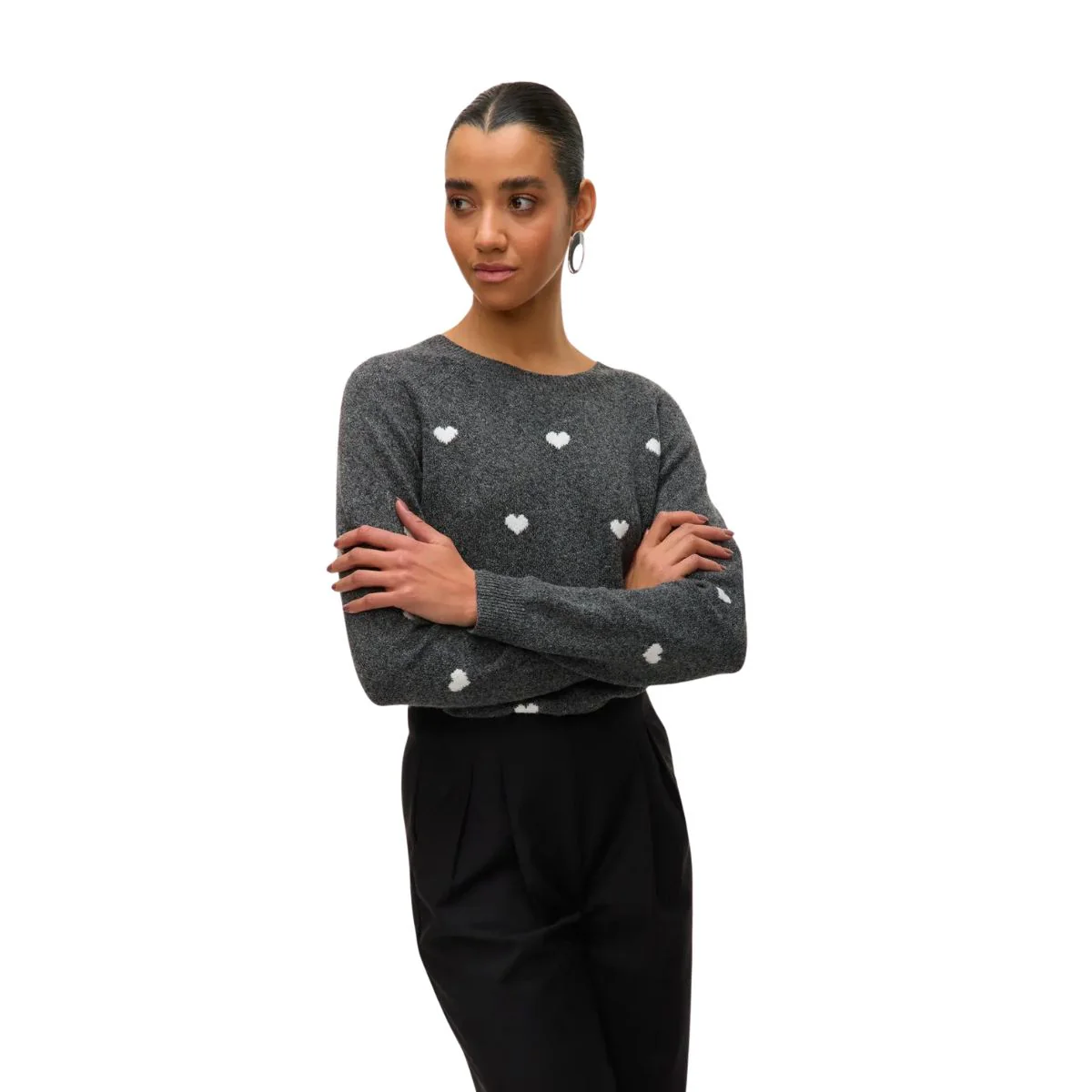 Pullover girocollo da donna grigio Vero Moda con dettagli cuori