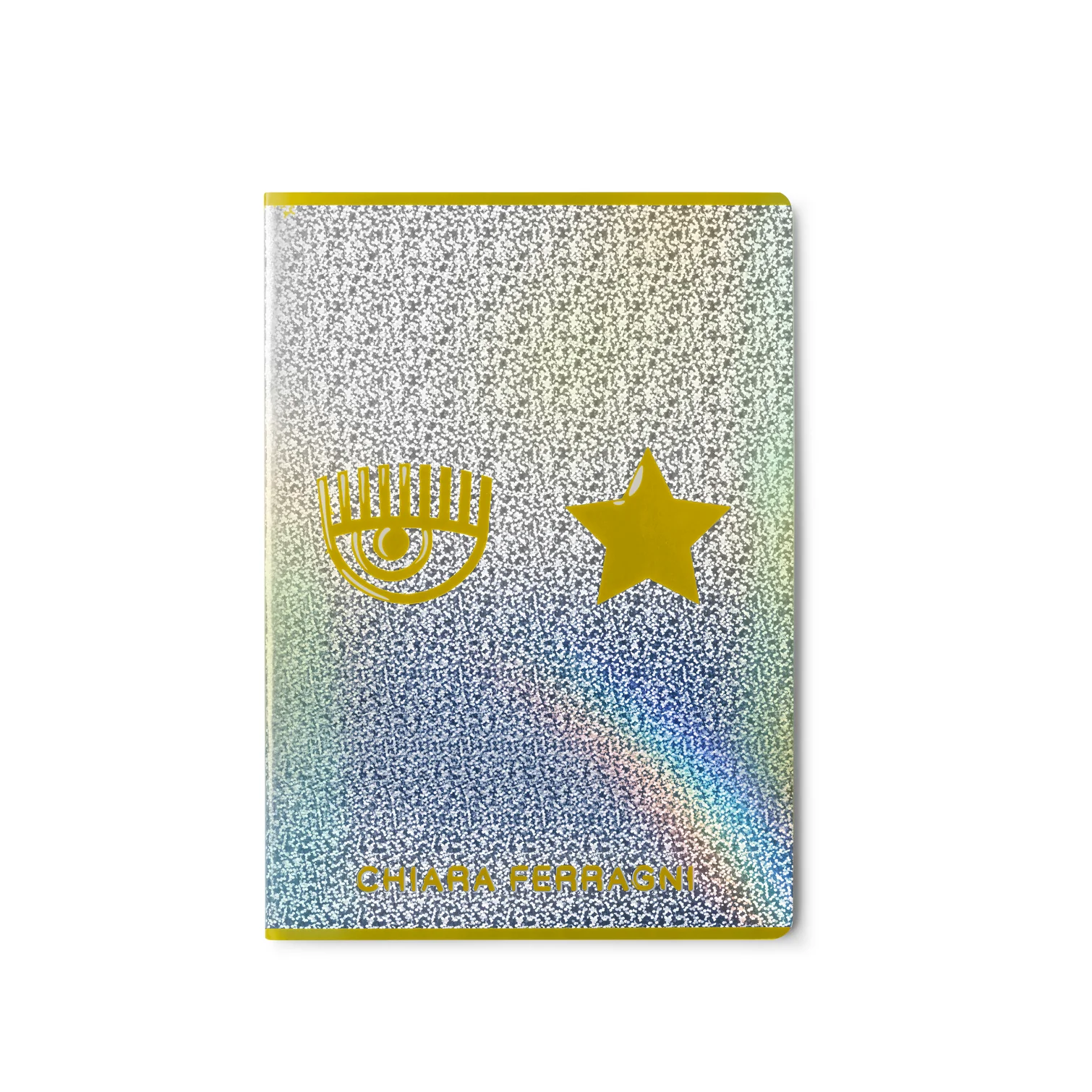Quaderno a quadretti color argento con glitter e logo giallo Chiara Ferragni