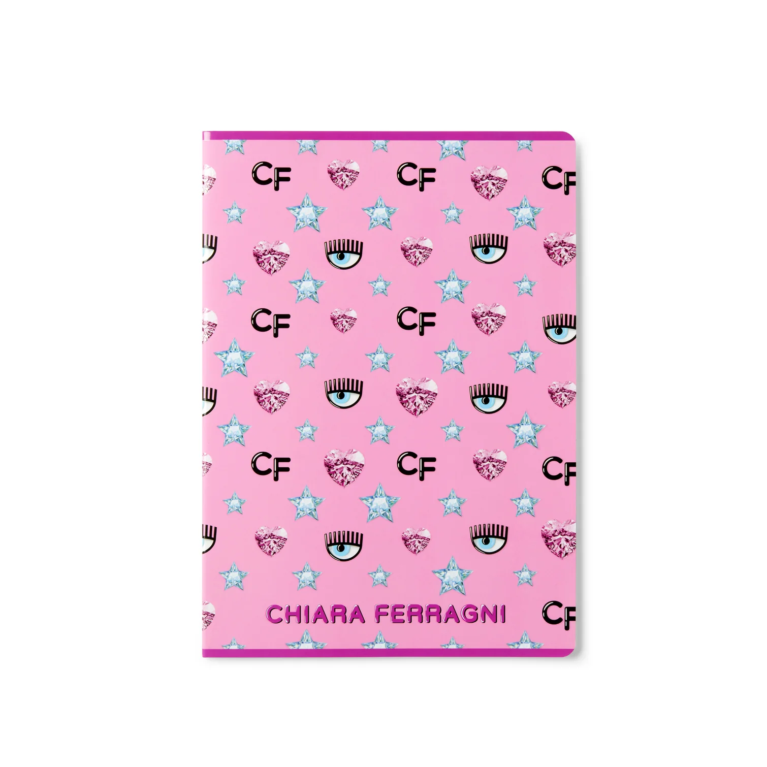 Quaderno a quadretti rosa con diamanti in copertina, dettagli fucsia e logo Chiara Ferragni