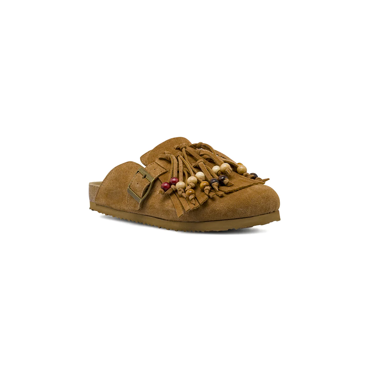 Sabot marroni da Donna effetto suede con frange e perline Primopiano - Image 2