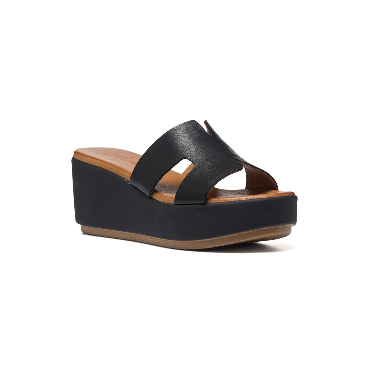 Sandali neri in pelle con zeppa 7 cm P Essentials - Image 2