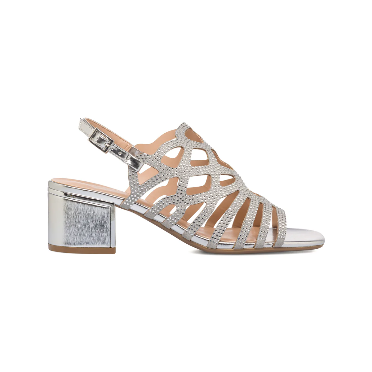 Sandali argento da donna con tacco a blocco 5 cm e strass gioiello Lora Ferres