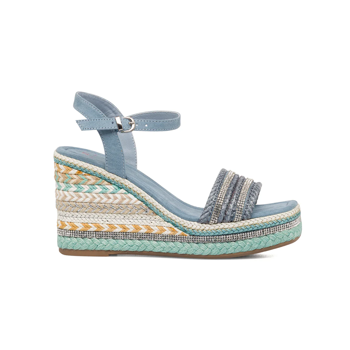 Sandali azzurri da donna con zeppa in corda 9 cm e strass Swish Jeans