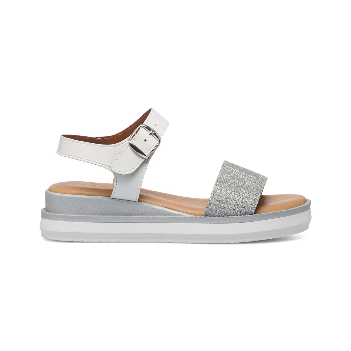 Sandali bassi comfort da donna color argento effetto glitterato P Soft