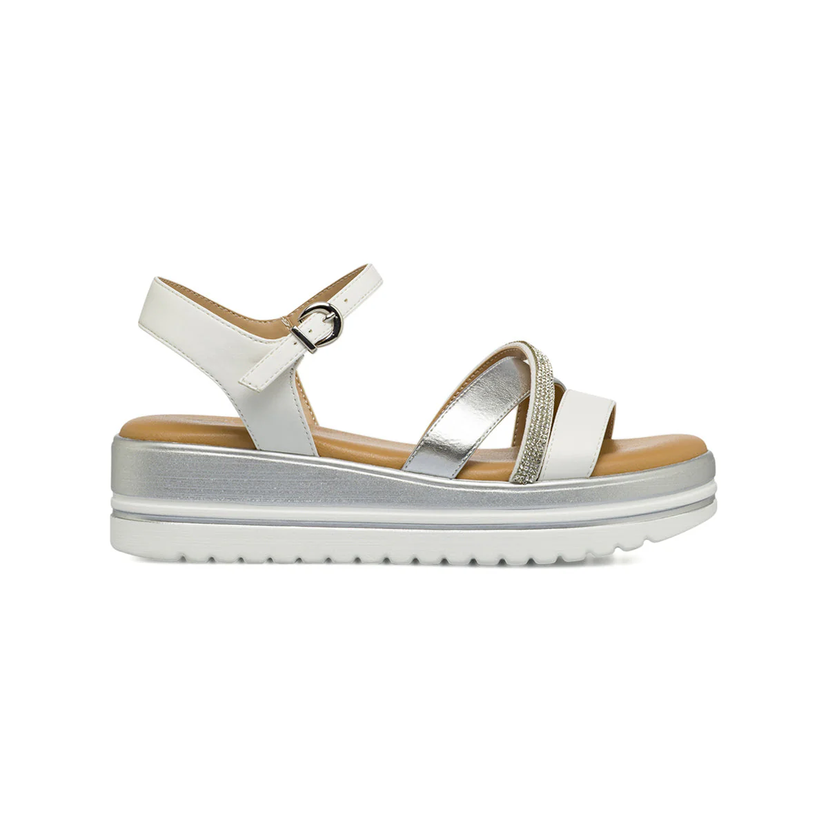 Sandali comfort da Donna argento e bianchi con zeppa e strass P Soft