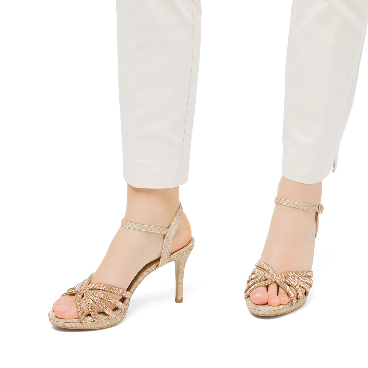 Sandali con tacco a spillo da donna champagne con gioiello glitter e strass Lora Ferres - Image 2