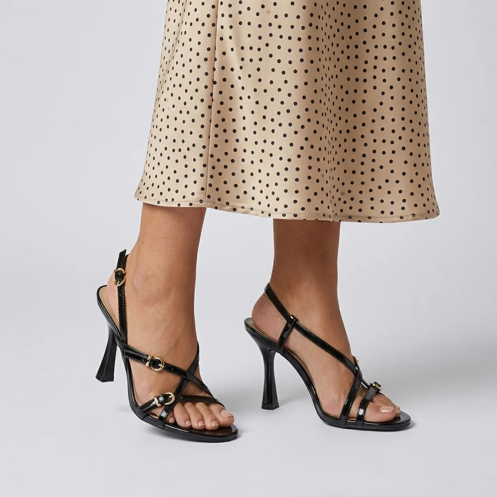 Sandali con tacco Donna neri effetto vernice con cinturini Swish Jeans
