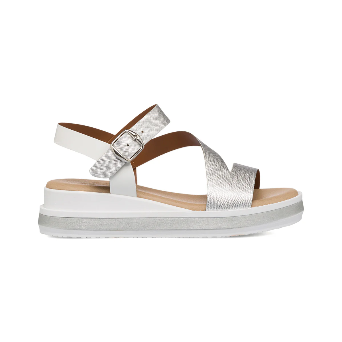 Sandali da donna argento e bianchi con zeppa 4,5 cm P Soft