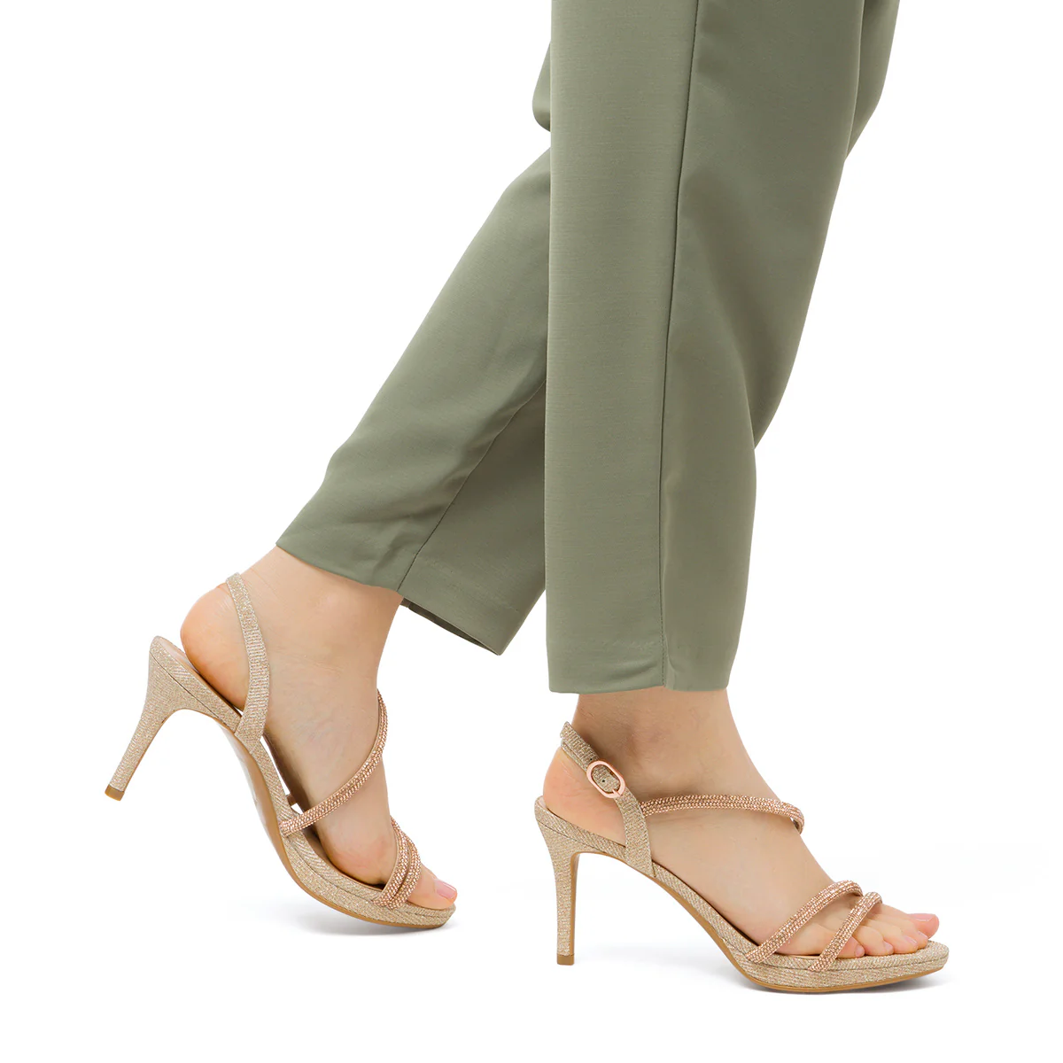 Sandali da donna con tacco a spillo champagne con gioiello strass e glitter Lora Ferres