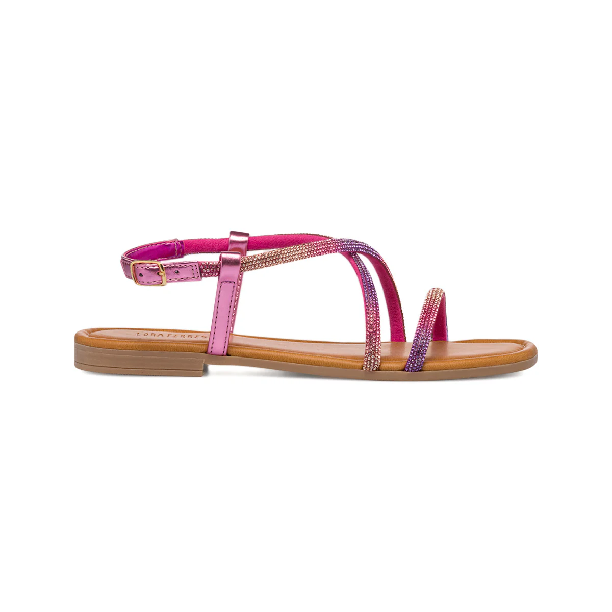 Sandali da donna fucsia con cinturino con strass arcobaleno Lora Ferres