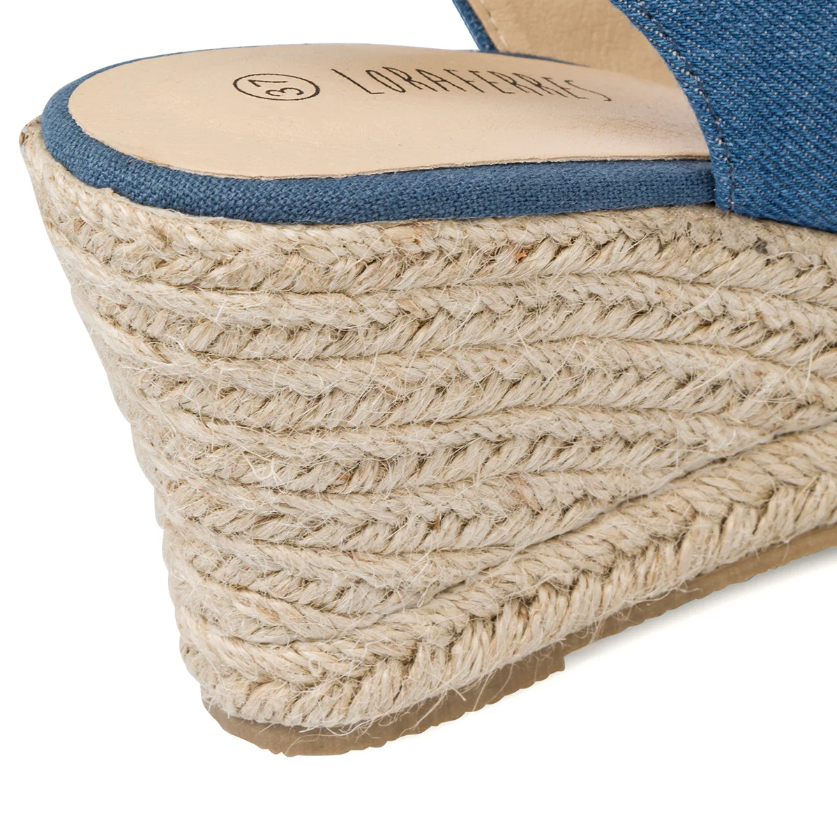 Sandali da donna in canvas blu jeans con zeppa effetto rafia Lora Ferres - Image 6