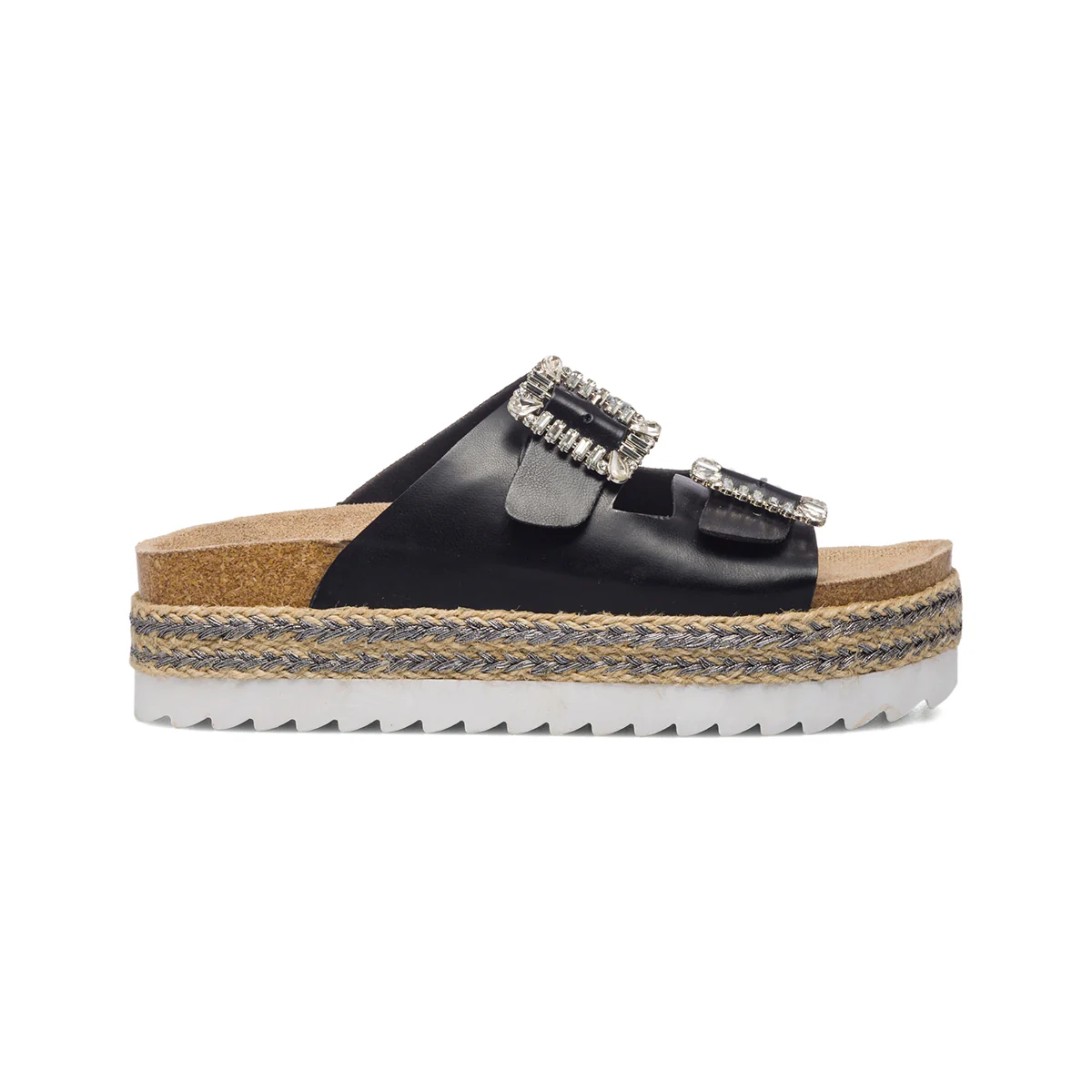 Sandali da donna neri con zeppa 4 cm e fibbie con perline Lora Ferres