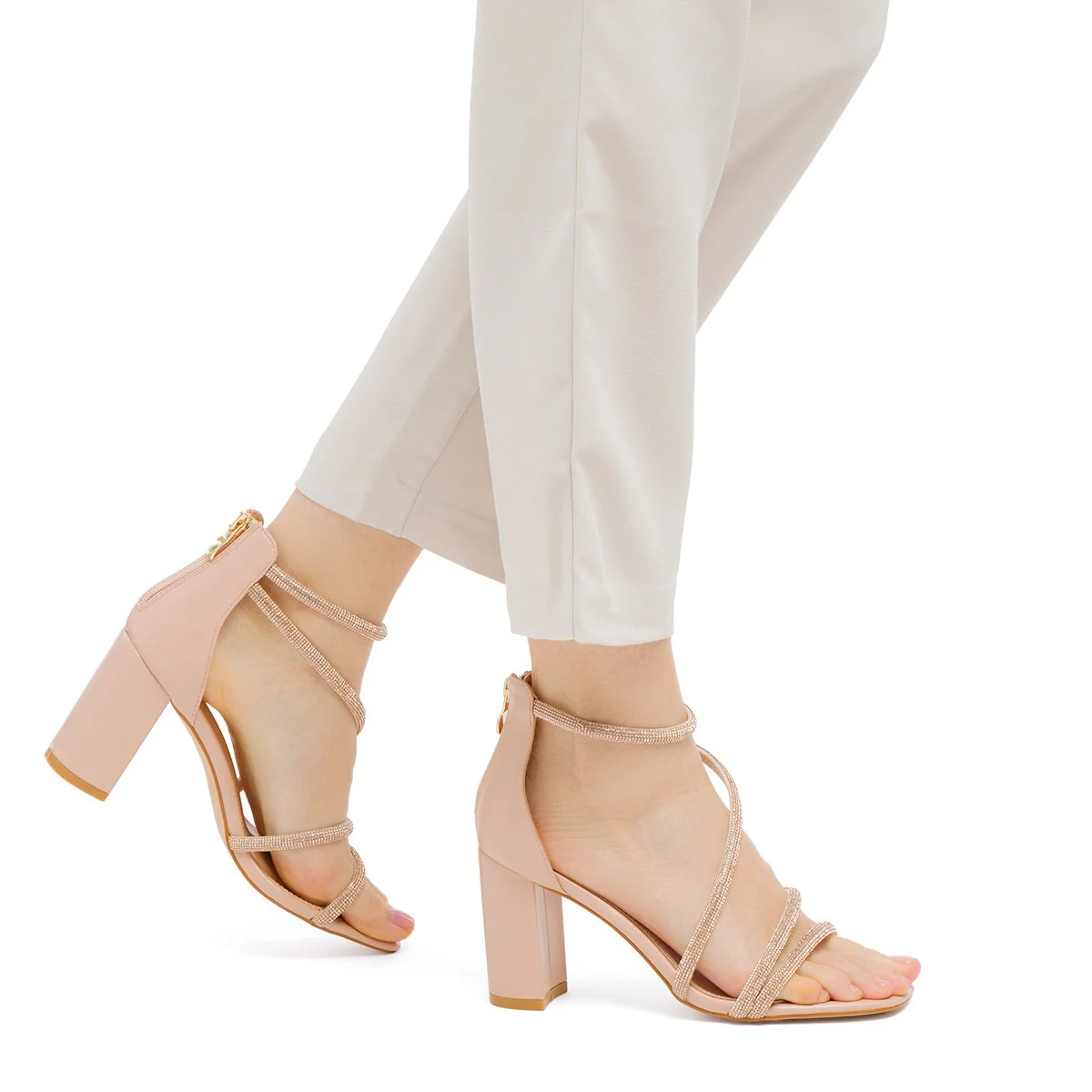 Sandali da donna nude con gioiello strass e tacco a blocco 8,5 cm Lora Ferres