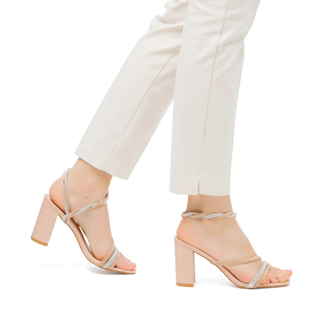 Sandali da donna nude con gioiello strass e tacco a blocco 9,5 cm Lora Ferres