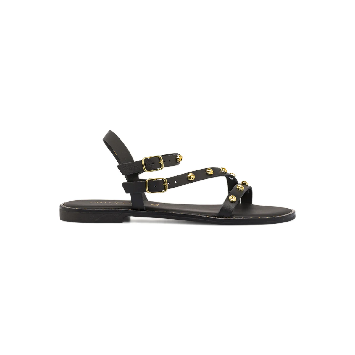 Sandali flat da Donna neri in pelle con borchie e fibbie Primopiano
