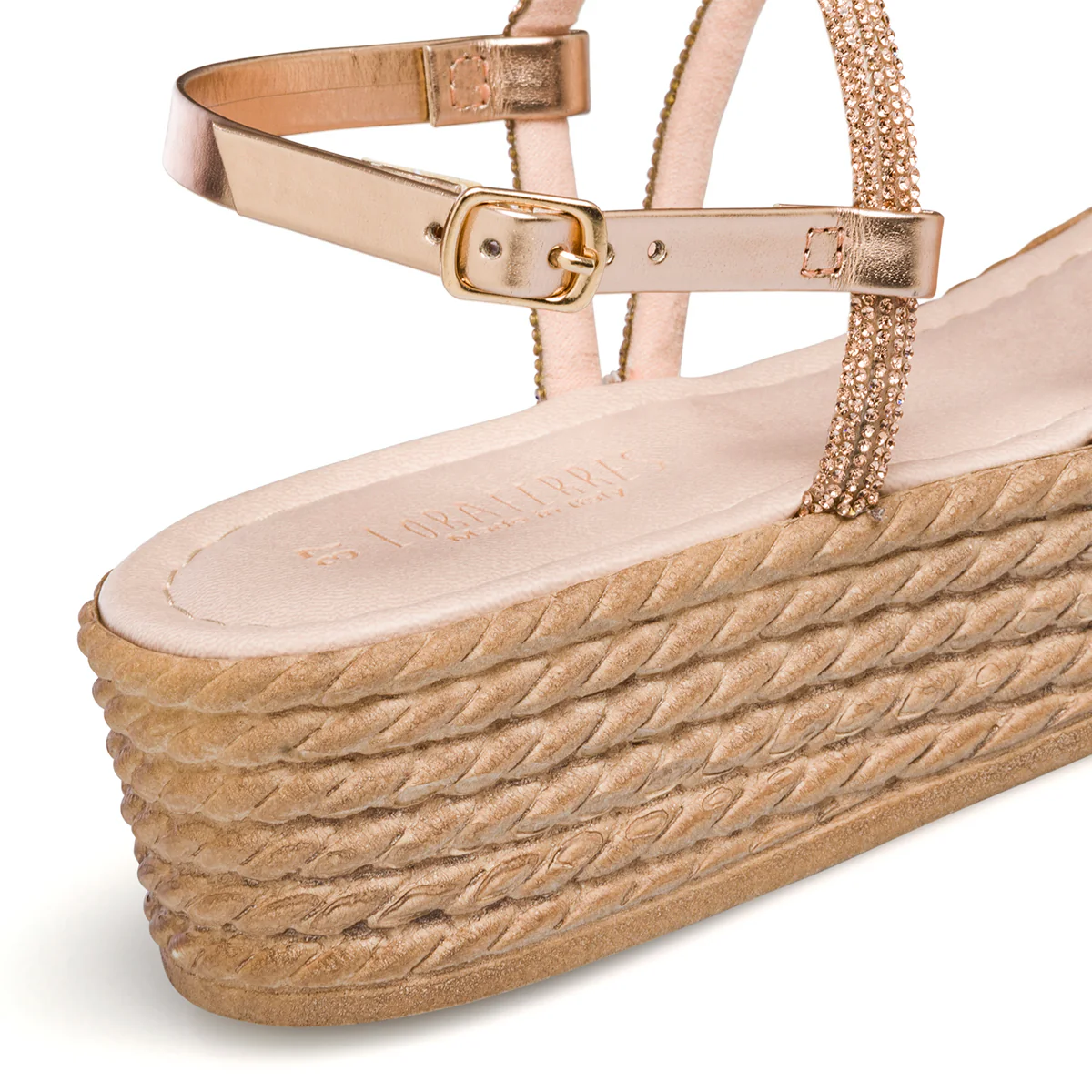 Sandali gioiello color oro rosa da donna con zeppa 5 cm e strass Lora Ferres - Image 14