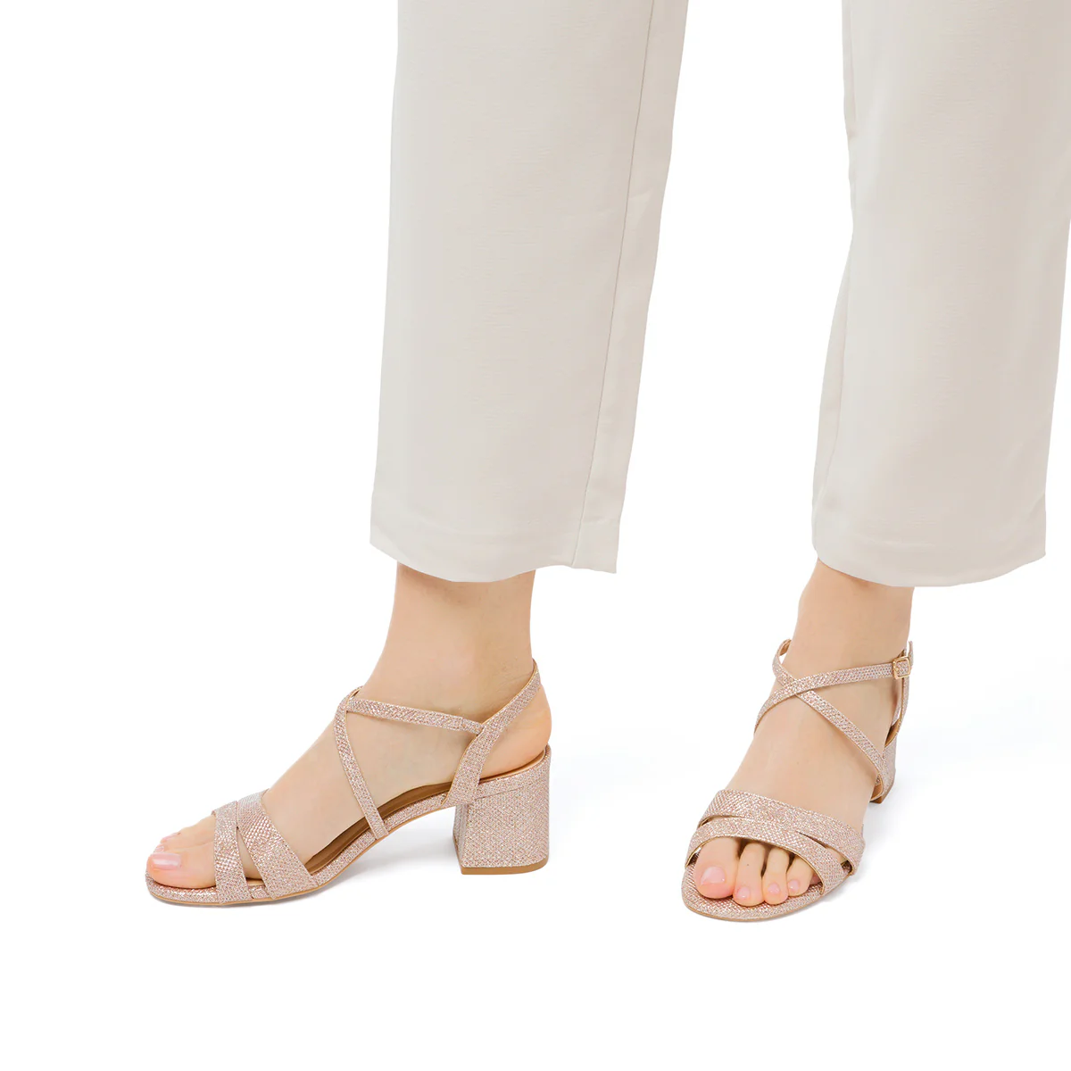 Sandali gioiello da donna oro rosa glitter con tacco a blocco 6,5 cm Lora Ferres