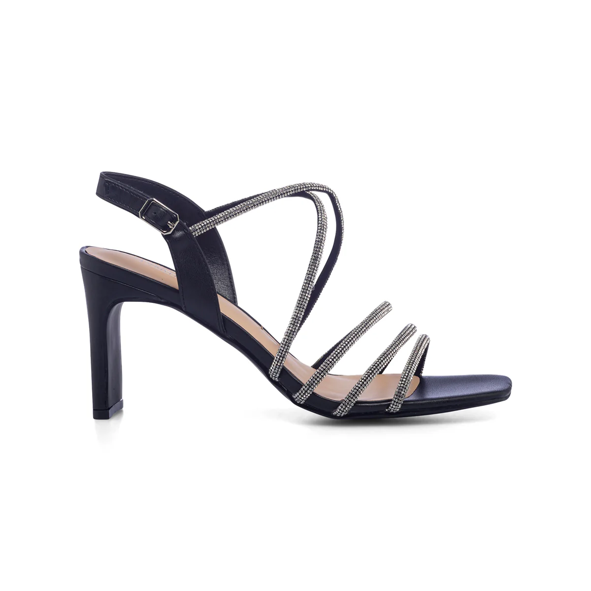 Sandali gioiello neri da donna con tacco 8 cm e strass Lora Ferres