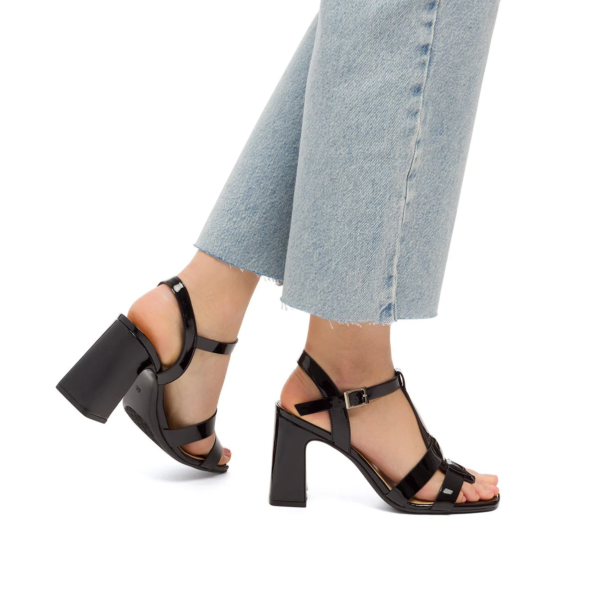 Sandali neri da donna effetto lucido con tacco a blocco 9 cm Swish Jeans